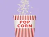 Red and white striped popcorn bucket against a purple background.