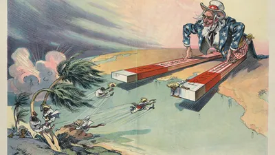 August, 1913 political cartoon shows Uncle Sam, on the right, sitting with legs outstretched forming a magnet labeled "United States Protectorates", which he is using to draw Central and South American countries, represented by little figures labeled "Cuba, Nicaragua, Costa Rica, Honduras, Guatemala, Salvador, [and] Colombia" toward himself, a figure labeled "Panama" is already in his back pocket. On the left, in the background, are clouds of smoke labeled "Mexico", which are created by the ongoing Mexican Revolution. United States, politics, geopolitics, monroe doctrine